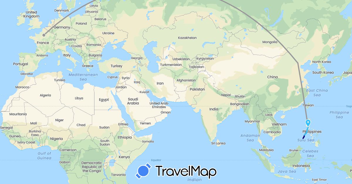 TravelMap itinerary: driving, plane, boat in China, France, Philippines (Asia, Europe)